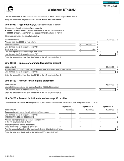 Form T2203 (9412-D) Worksheet NT428MJ 2021 Printable Pdf