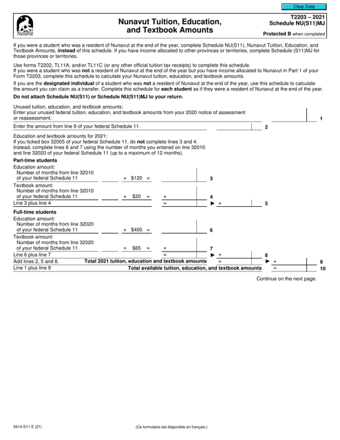 Form T2203 (9414-S11) Schedule NU(S11)MJ 2021 Printable Pdf