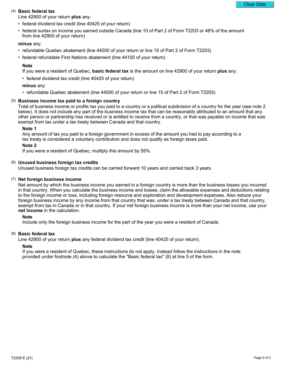 Form T2209 Federal Foreign Tax Credits - Canada, Page 5