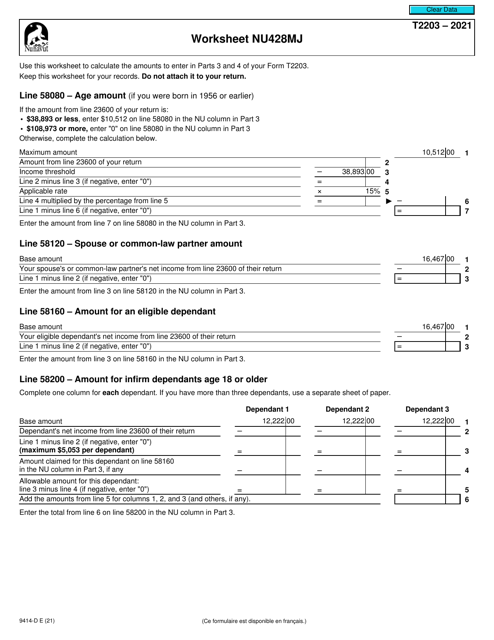 Form T2203 (9414-D) Worksheet NU428MJ 2021 Printable Pdf