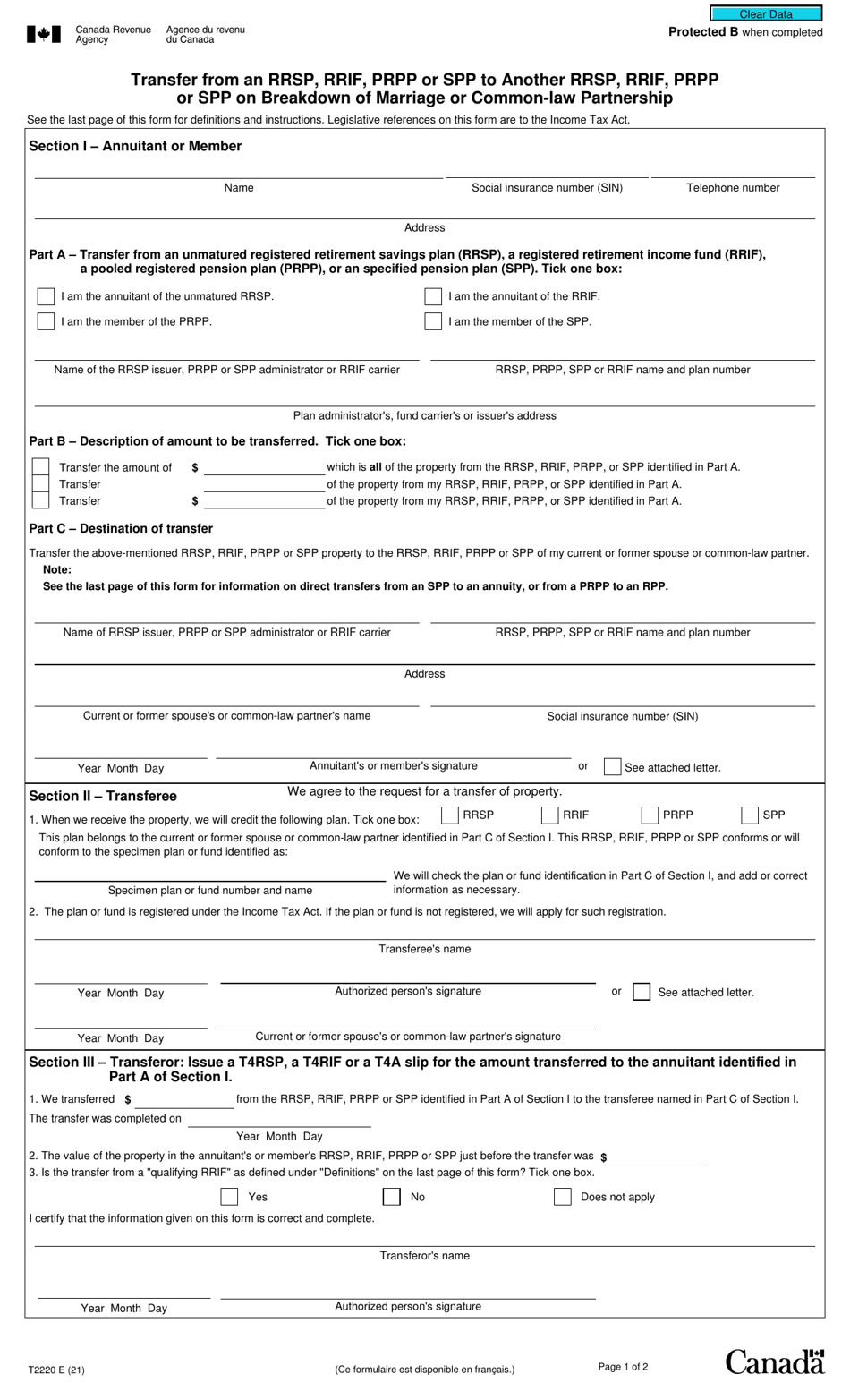 Form T2220 Transfer From an Rrsp, Rrif, Prpp or Spp to Another Rrsp, Rrif, Prpp or Spp on Breakdown of Marriage or Common-Law Partnership - Canada, Page 1