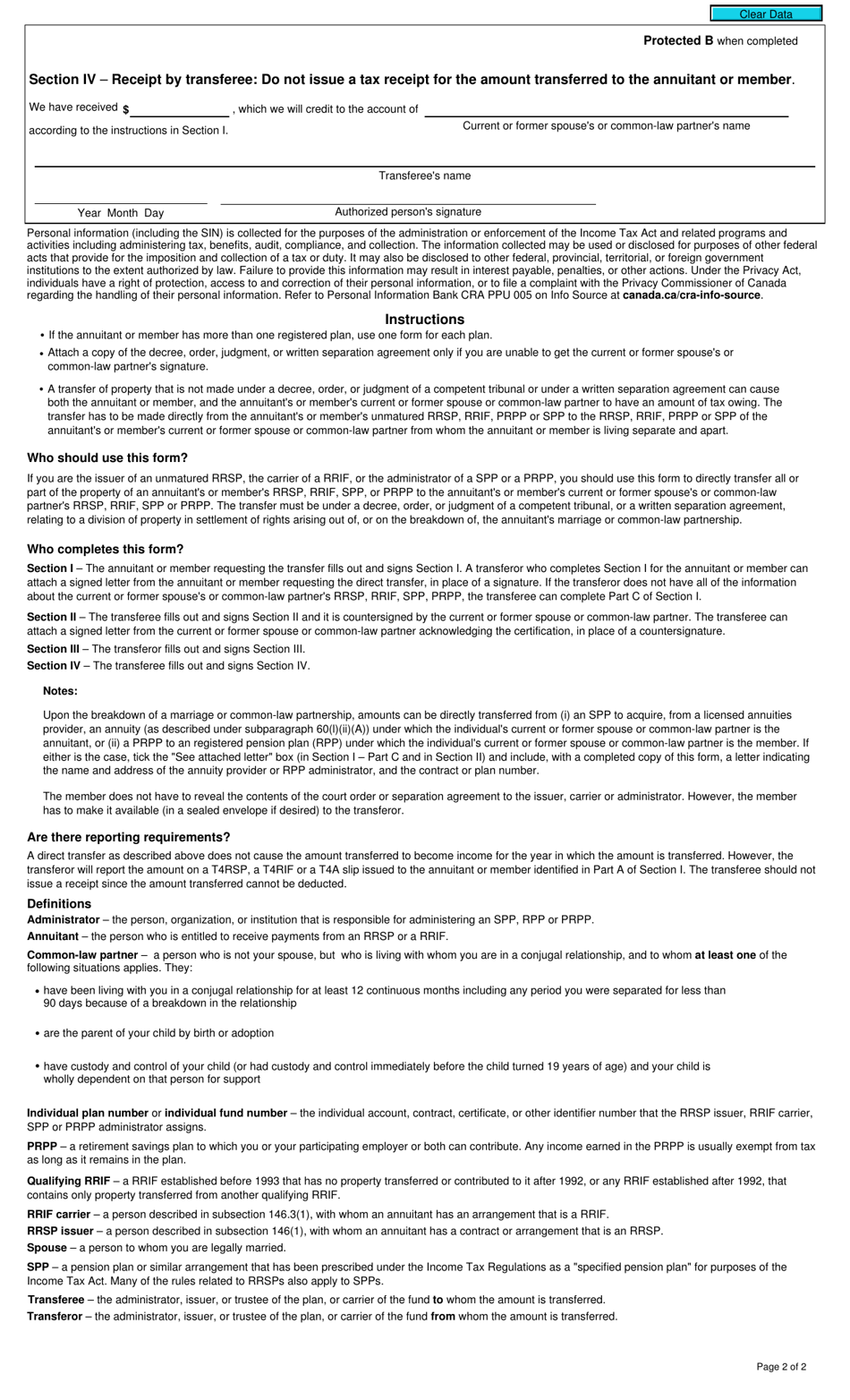 Form T2220 Transfer From an Rrsp, Rrif, Prpp or Spp to Another Rrsp, Rrif, Prpp or Spp on Breakdown of Marriage or Common-Law Partnership - Canada, Page 2
