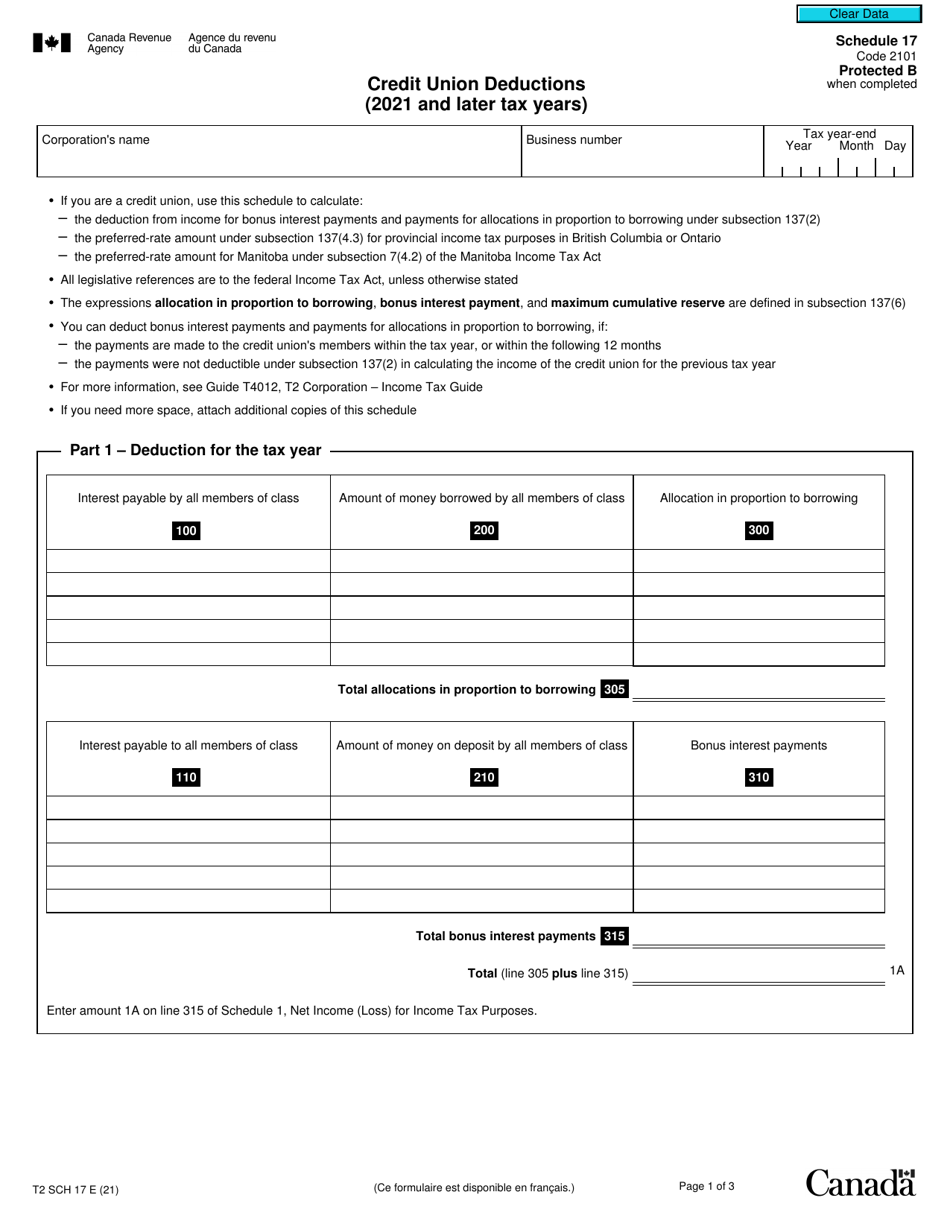 Form T2 Schedule 17 Credit Union Deductions (2021 and Later Tax Years) - Canada, Page 1