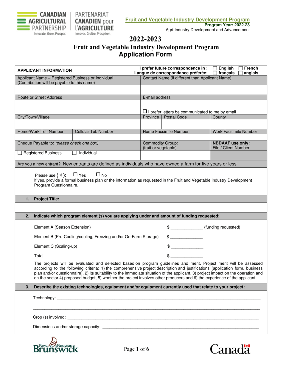 Fruit and Vegetable Industry Development Program Application Form - New Brunswick, Canada, Page 1