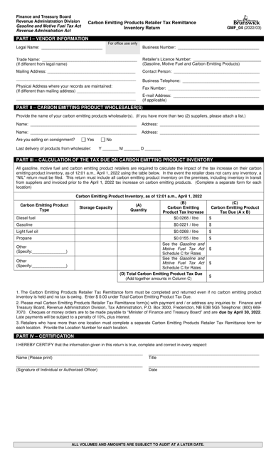 Form GMF_04 Carbon Emitting Products Retailer Tax Remittance Inventory Return - New Brunswick, Canada