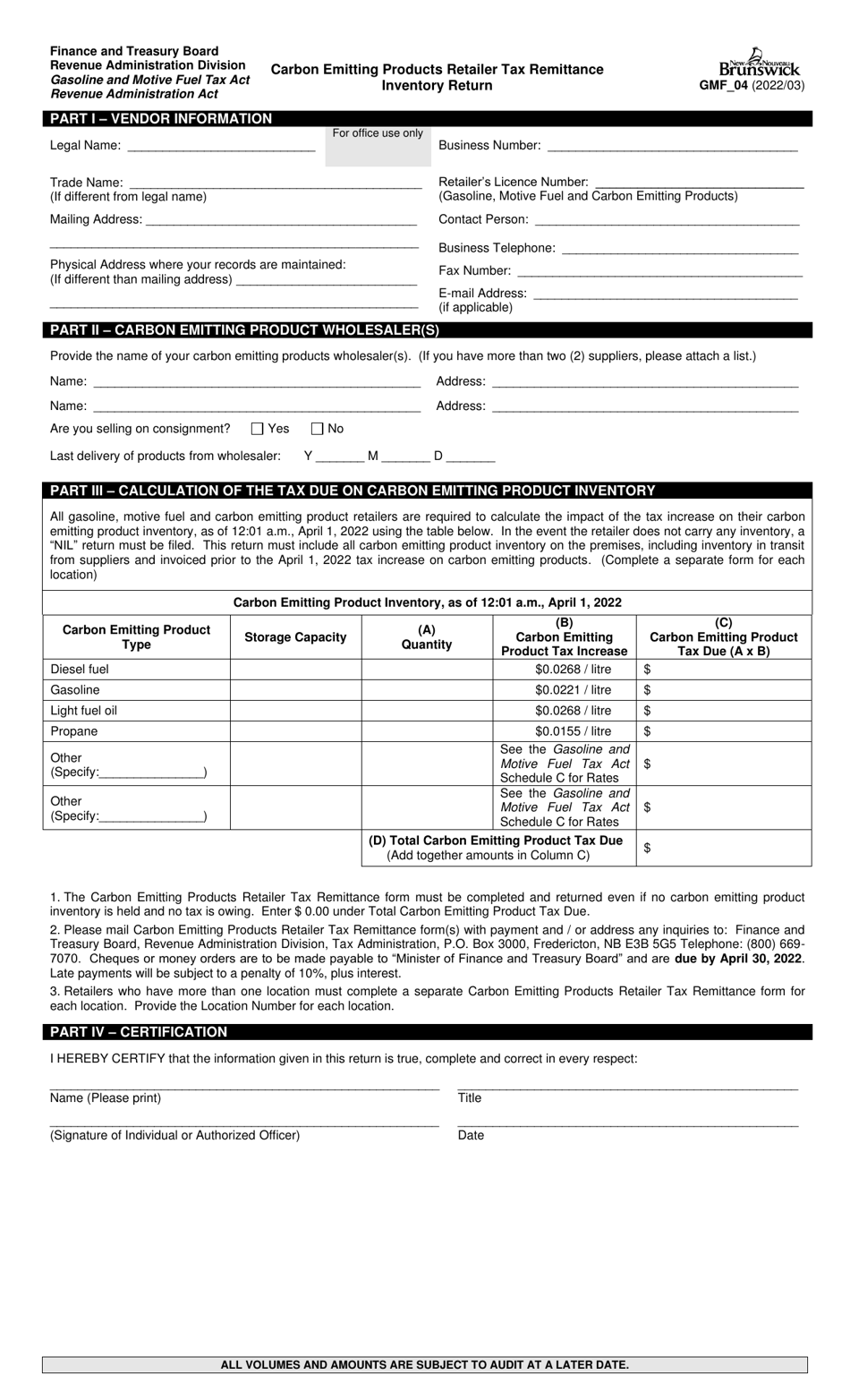 Form GMF_04 Carbon Emitting Products Retailer Tax Remittance Inventory Return - New Brunswick, Canada, Page 1