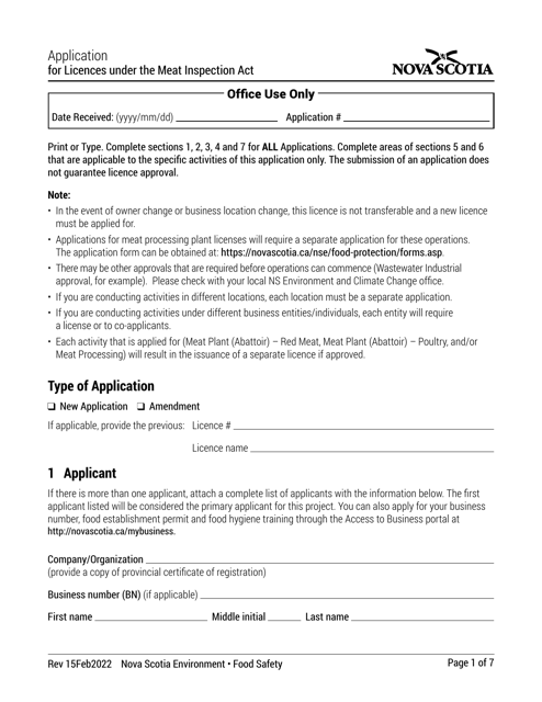 Application for Licences Under the Meat Inspection Act - Nova Scotia, Canada Download Pdf