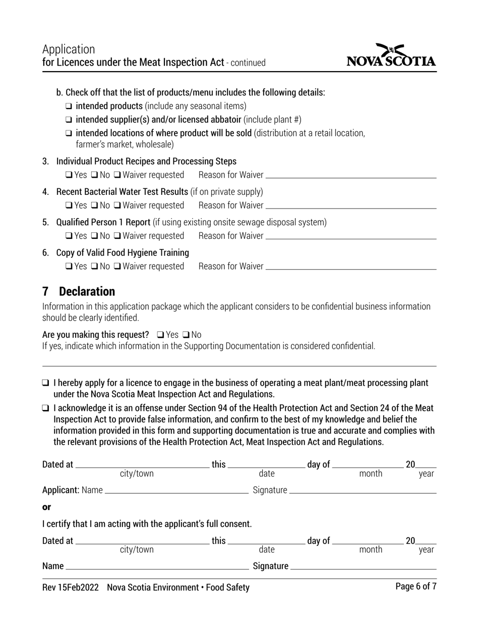 Application for Licences Under the Meat Inspection Act - Nova Scotia, Canada, Page 6