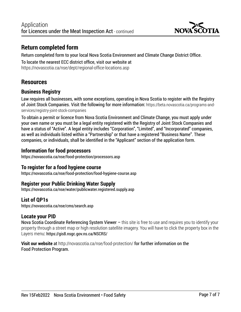 Application for Licences Under the Meat Inspection Act - Nova Scotia, Canada, Page 7