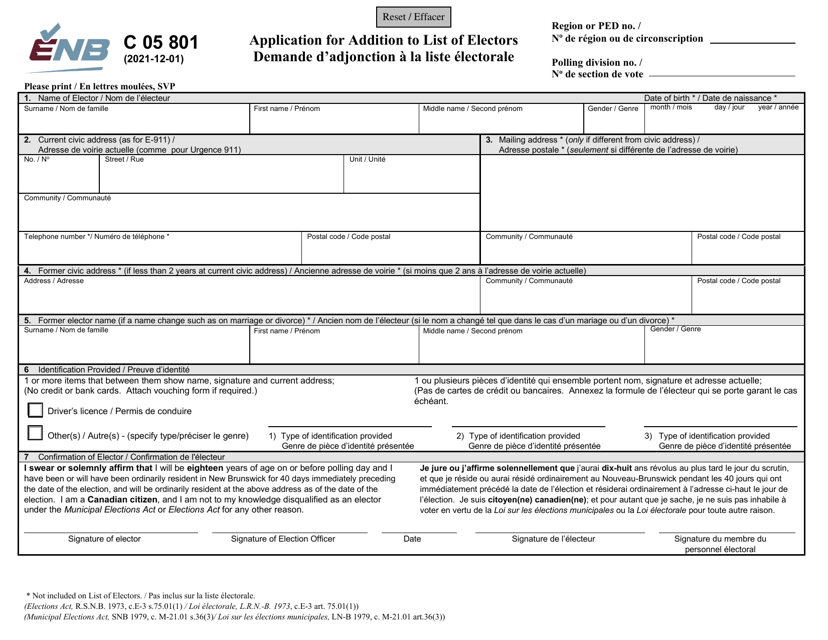Form C05 801 Application for Addition to List of Electors - New Brunswick, Canada (English/French)