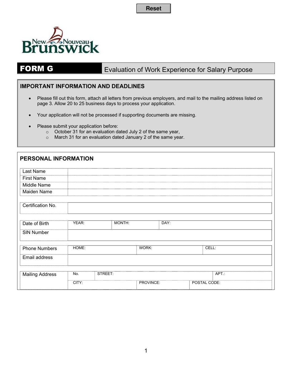 Form G - Fill Out, Sign Online and Download Fillable PDF, New Brunswick ...
