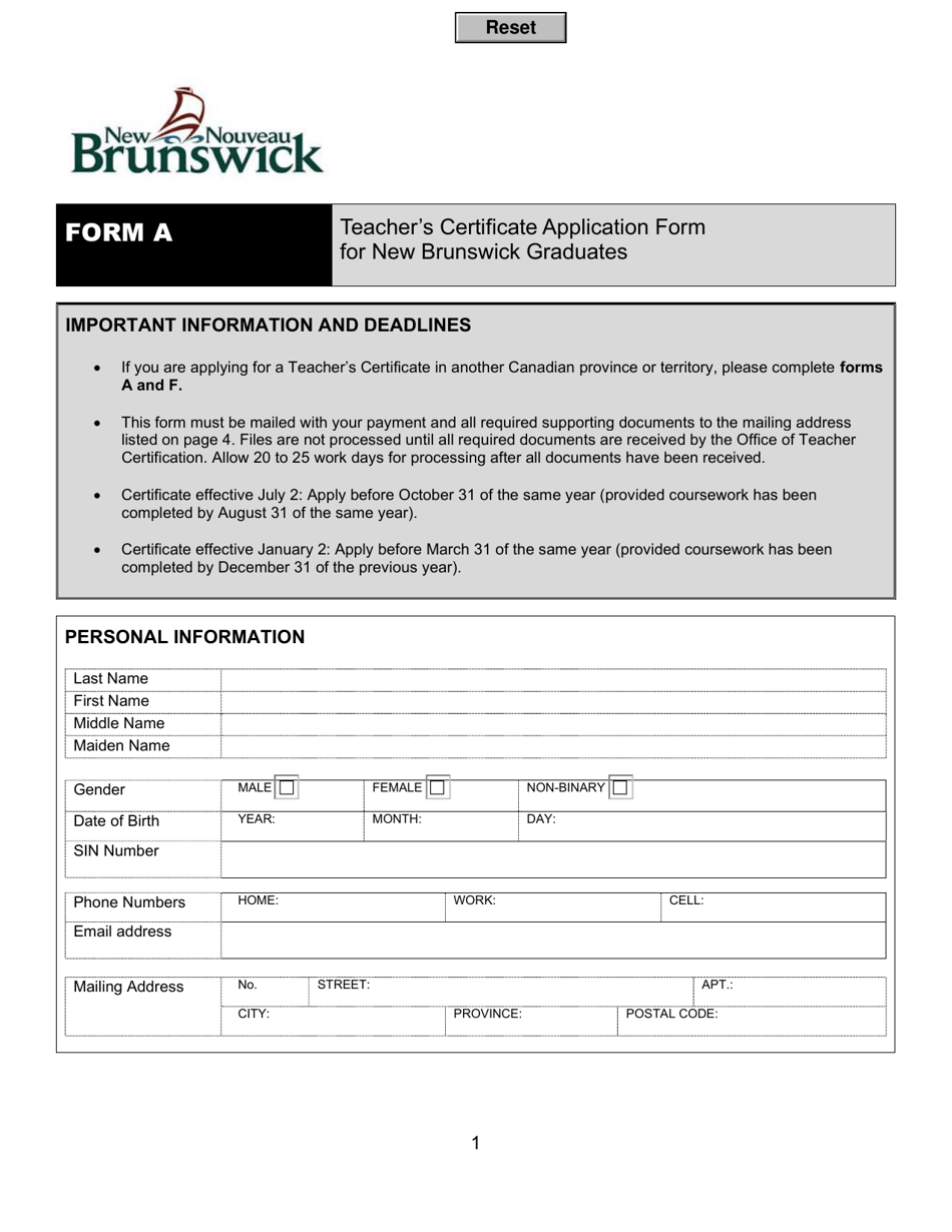Form A - Fill Out, Sign Online and Download Fillable PDF, New Brunswick ...