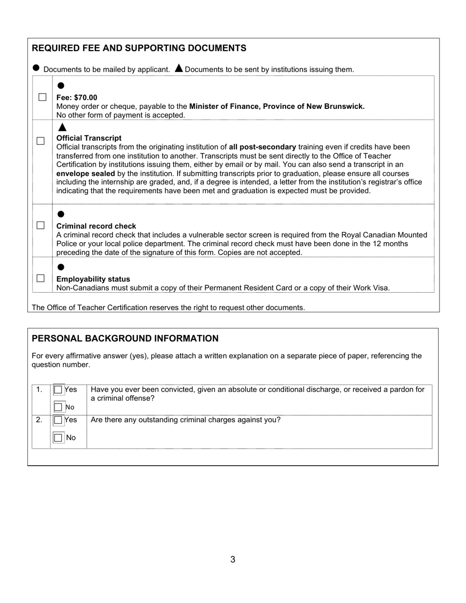 Form A Teachers Certificate Application Form for New Brunswick Graduates - New Brunswick, Canada, Page 3