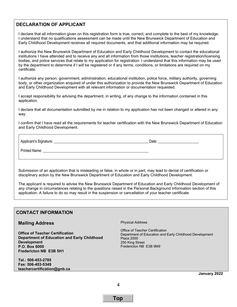 Form A Teachers Certificate Application Form for New Brunswick Graduates - New Brunswick, Canada, Page 4