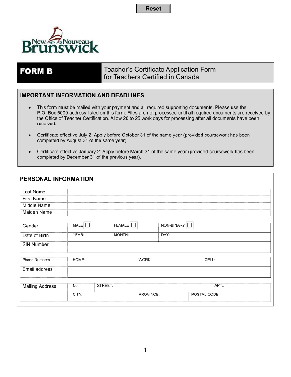 Form B Teacher's Certificate Application Form for Teachers Certified in Canada - New Brunswick, Canada, Page 1
