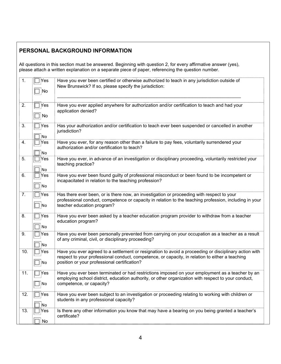 Form B Teachers Certificate Application Form for Teachers Certified in Canada - New Brunswick, Canada, Page 4