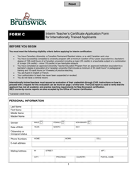 Form C Interim Teacher's Certificate Application Form for Internationally Trained Applicants - New Brunswick, Canada