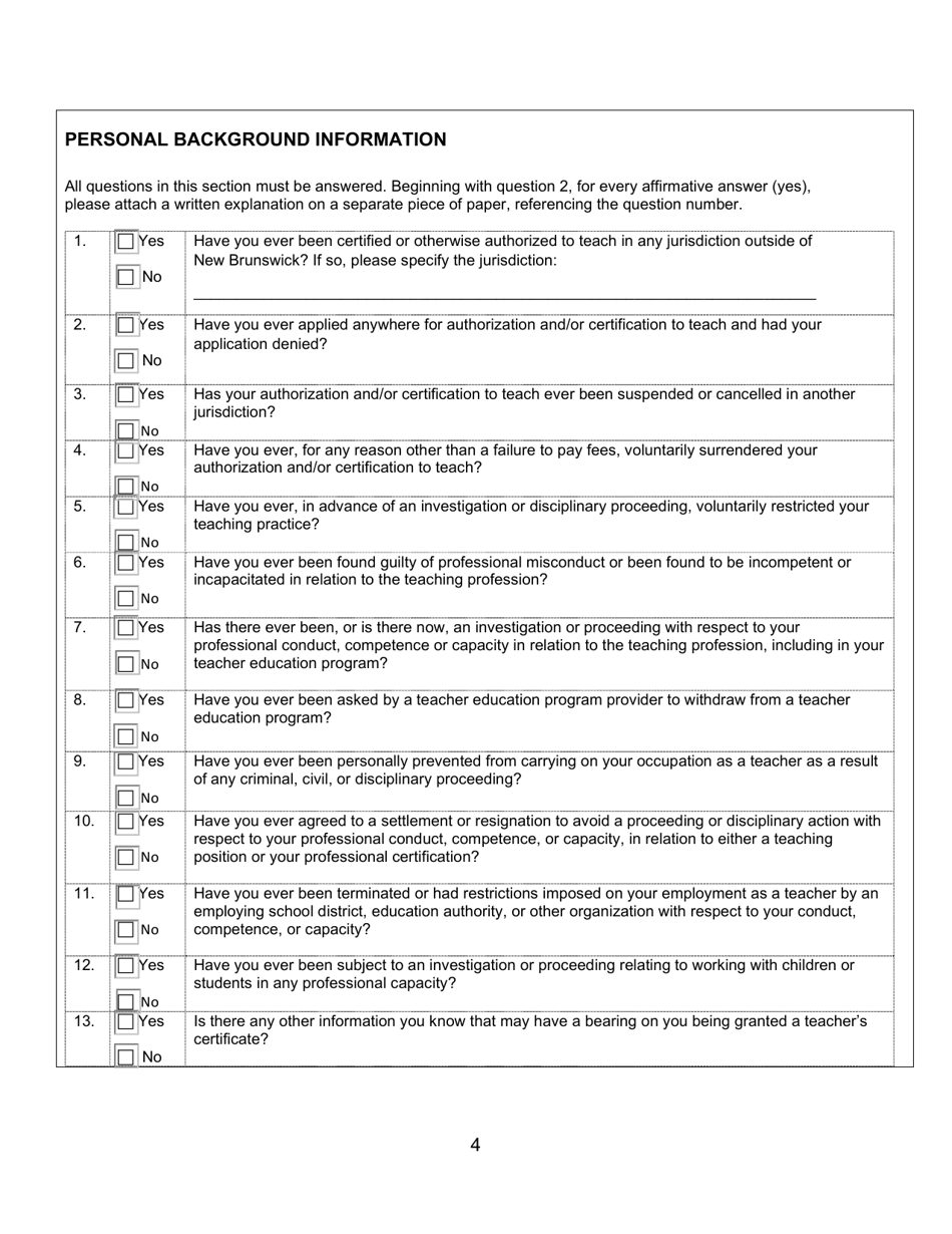 Form C Interim Teachers Certificate Application Form for Internationally Trained Applicants - New Brunswick, Canada, Page 4