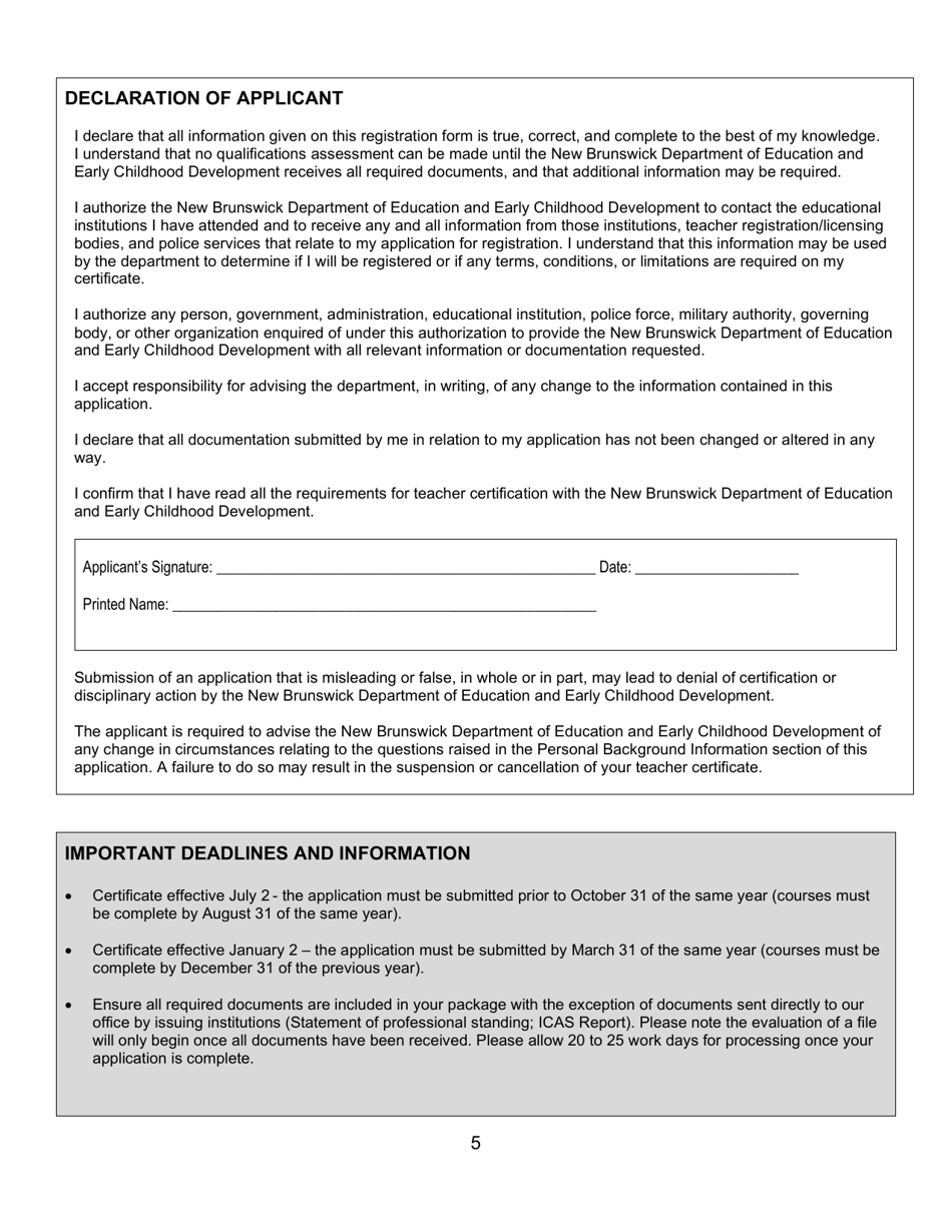 Form C Interim Teachers Certificate Application Form for Internationally Trained Applicants - New Brunswick, Canada, Page 5