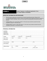 Form D Interim Teacher's Certificate Application Form for United States Candidates - New Brunswick, Canada