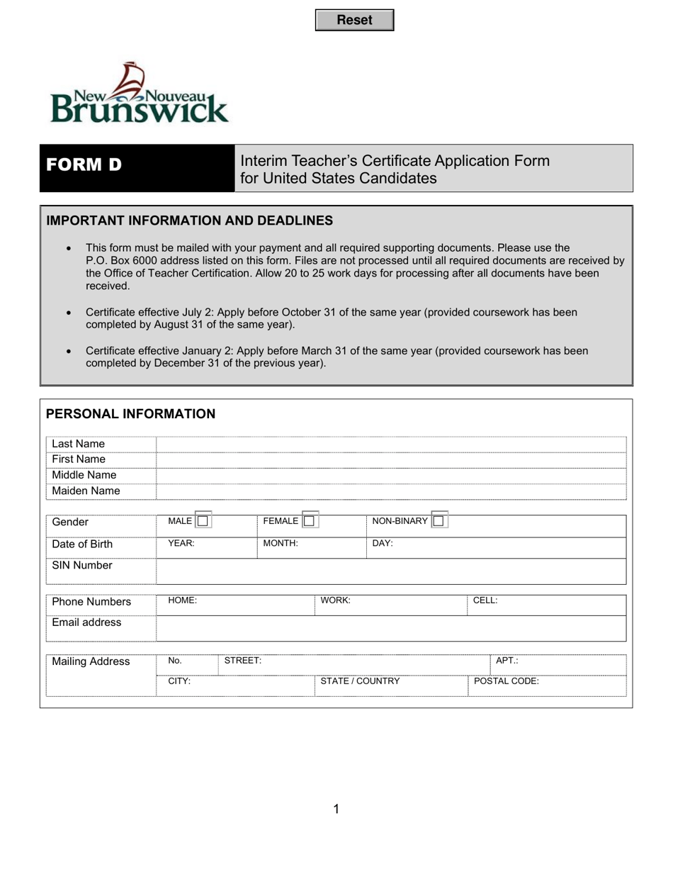 Form D Interim Teacher's Certificate Application Form for United States Candidates - New Brunswick, Canada, Page 1