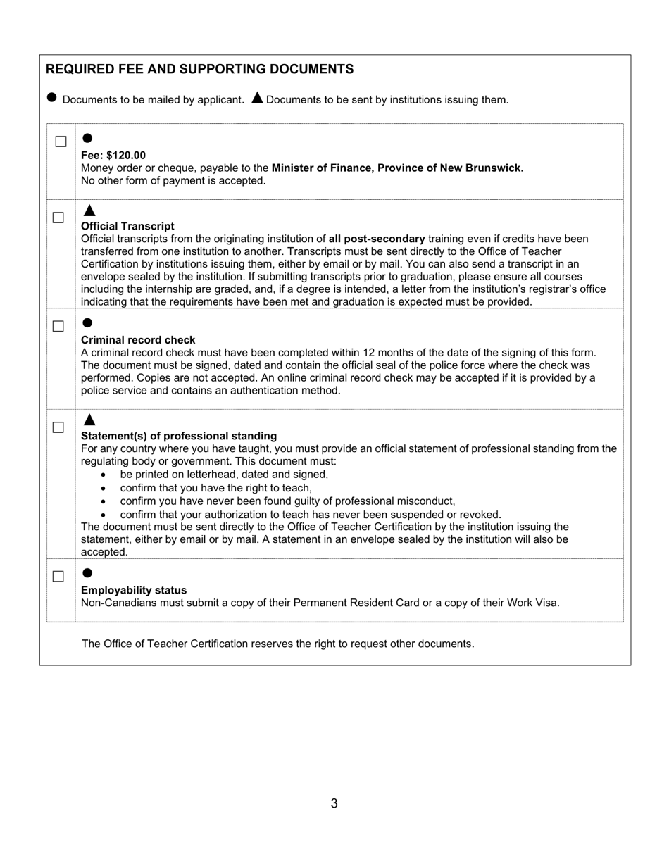 Form D Interim Teachers Certificate Application Form for United States Candidates - New Brunswick, Canada, Page 3