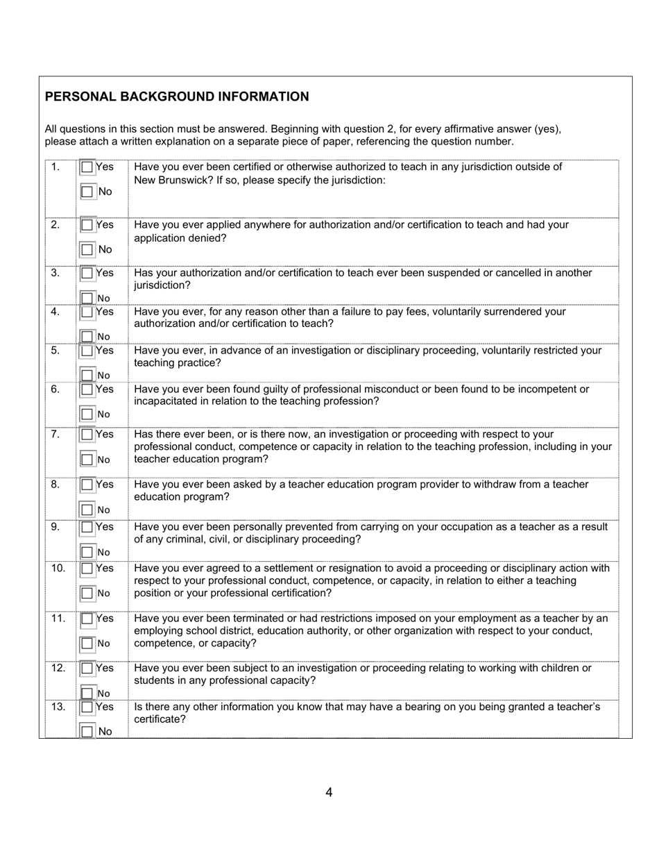 Form D Interim Teachers Certificate Application Form for United States Candidates - New Brunswick, Canada, Page 4
