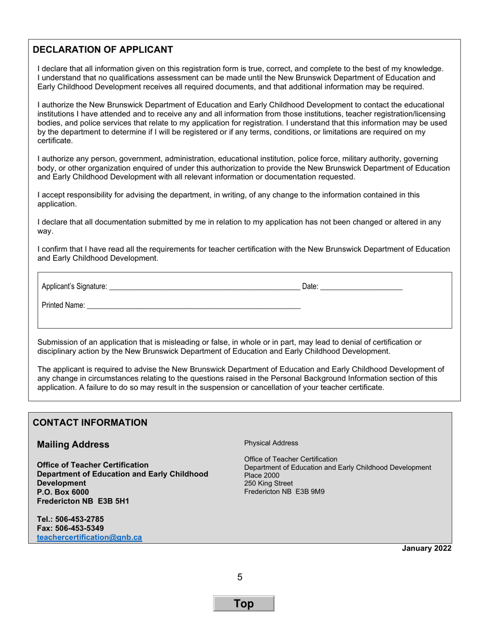 Form D Interim Teachers Certificate Application Form for United States Candidates - New Brunswick, Canada, Page 5