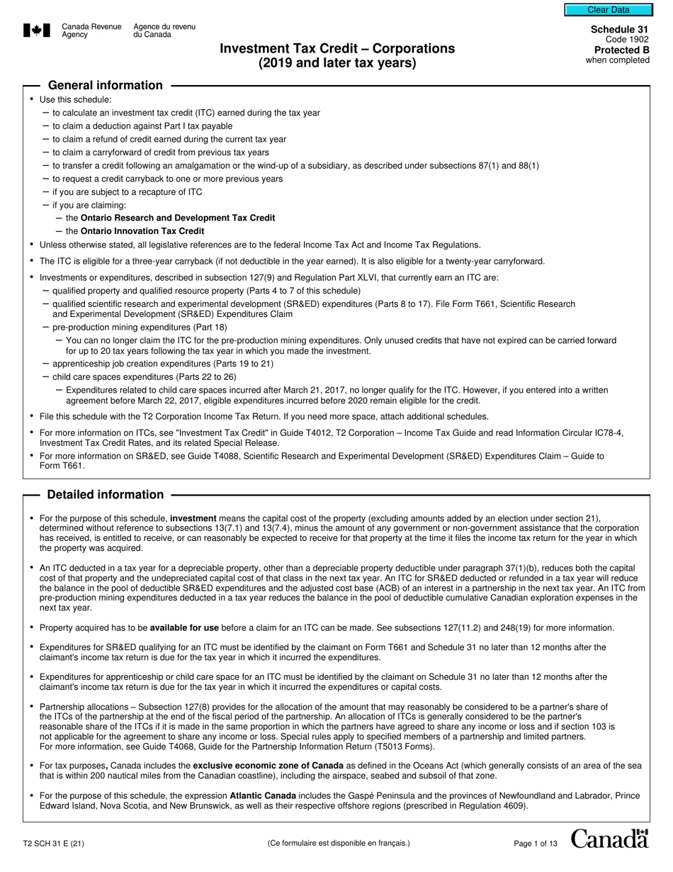 Form T2 Schedule 31 Investment Tax Credit - Corporations (2019 and Later Tax Years) - Canada, Page 1