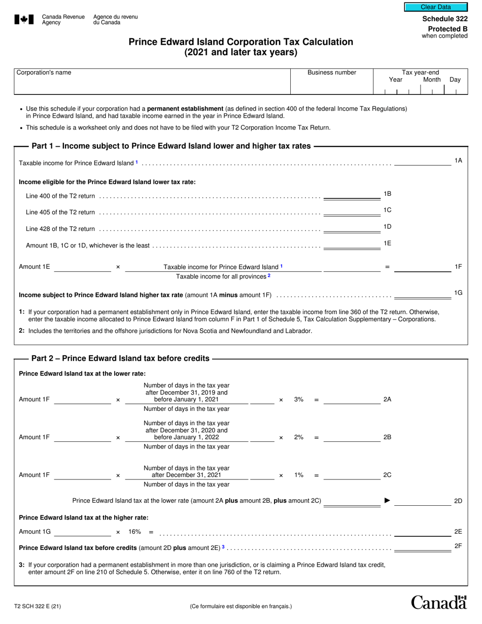 Form T2 Schedule 322 Prince Edward Island Corporation Tax Calculation (2021 and Later Tax Years) - Canada, Page 1