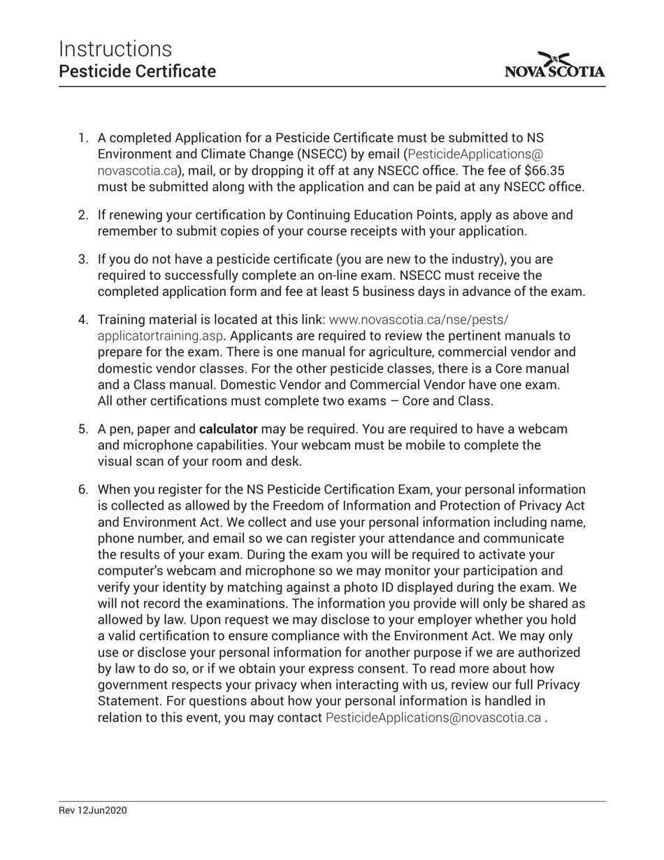 Pesticide Certificate Application - Nova Scotia, Canada, Page 1