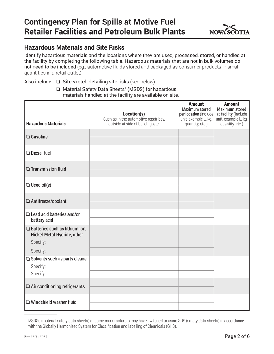 Contingency Plan for Spills at Motive Fuel Retailer Facilities and Petroleum Bulk Plants - Nova Scotia, Canada, Page 2
