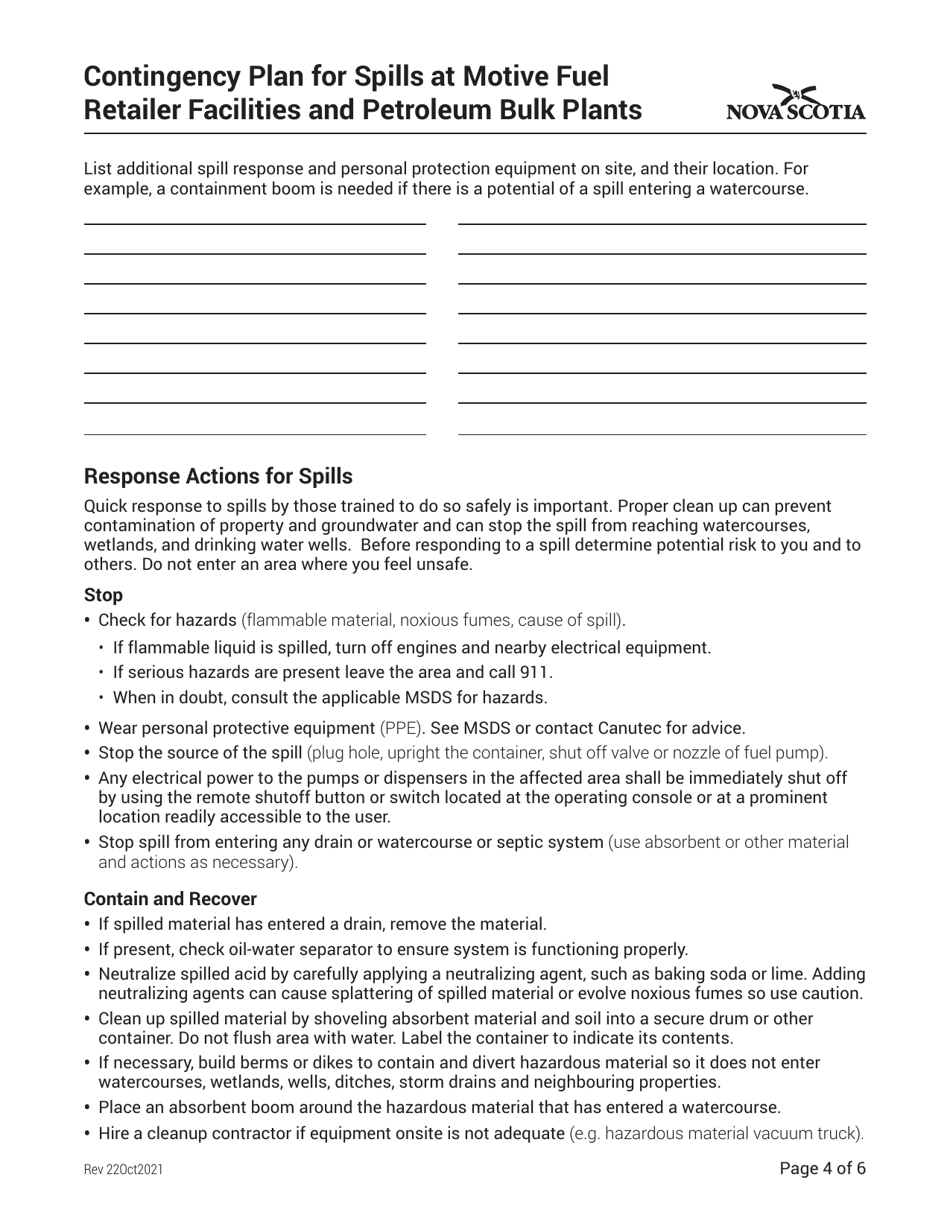 Contingency Plan for Spills at Motive Fuel Retailer Facilities and Petroleum Bulk Plants - Nova Scotia, Canada, Page 4