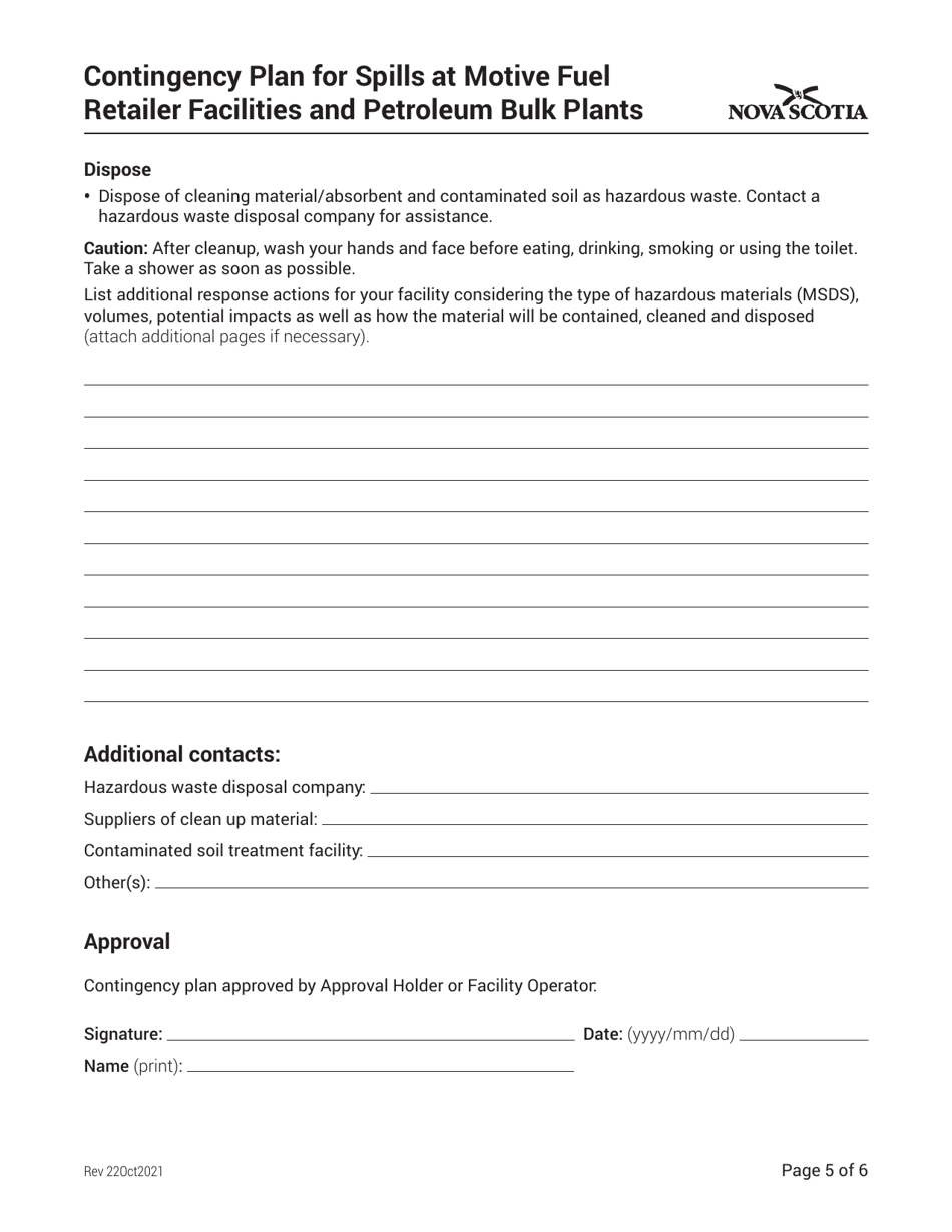 Contingency Plan for Spills at Motive Fuel Retailer Facilities and Petroleum Bulk Plants - Nova Scotia, Canada, Page 5