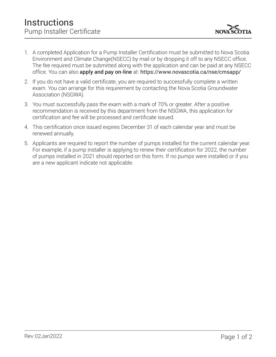 Pump Installer Certificate Application - Nova Scotia, Canada, Page 1