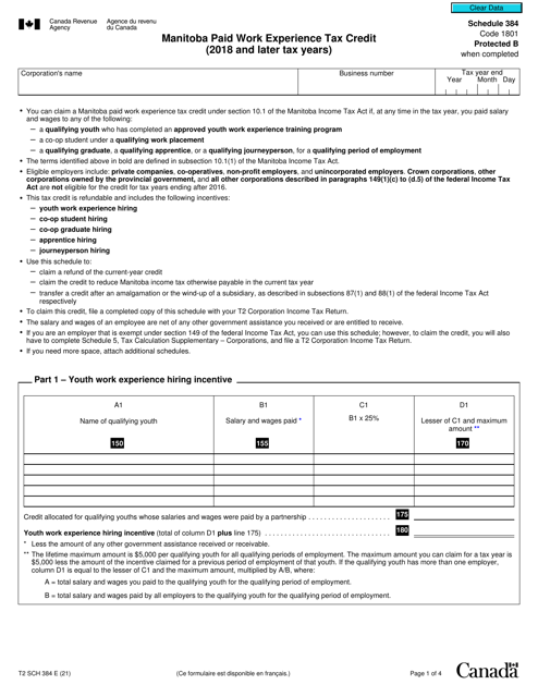 Form T2 Schedule 384 Manitoba Paid Work Experience Tax Credit (2018 and Later Tax Years) - Canada