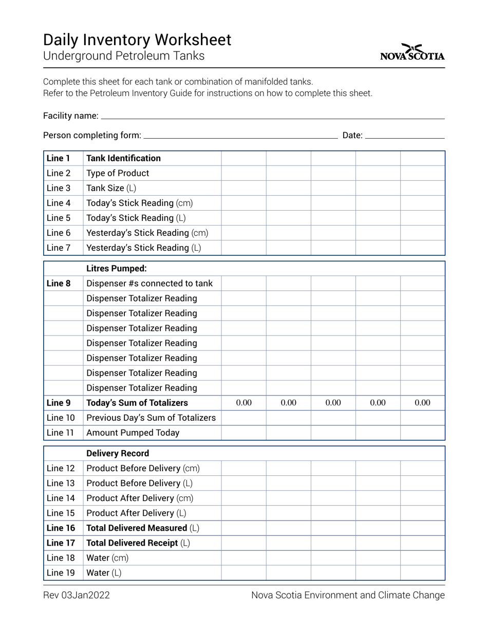 Nova Scotia Canada Daily Inventory Worksheet Underground Petroleum