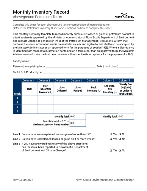 Monthly Inventory Record - Aboveground Petroleum Tanks - Nova Scotia, Canada Download Pdf