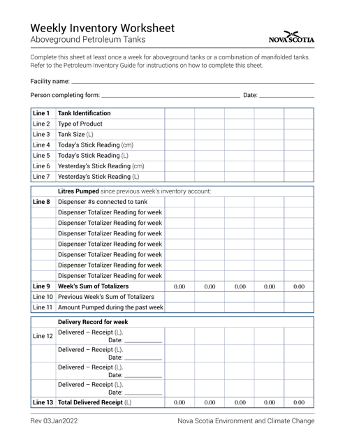 Weekly Inventory Worksheet - Aboveground Petroleum Tanks - Nova Scotia, Canada Download Pdf