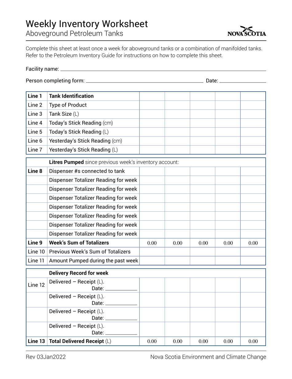 Nova Scotia Canada Weekly Inventory Worksheet Aboveground Petroleum