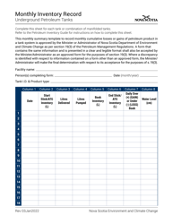 Monthly Inventory Record - Underground Petroleum Tanks - Nova Scotia, Canada