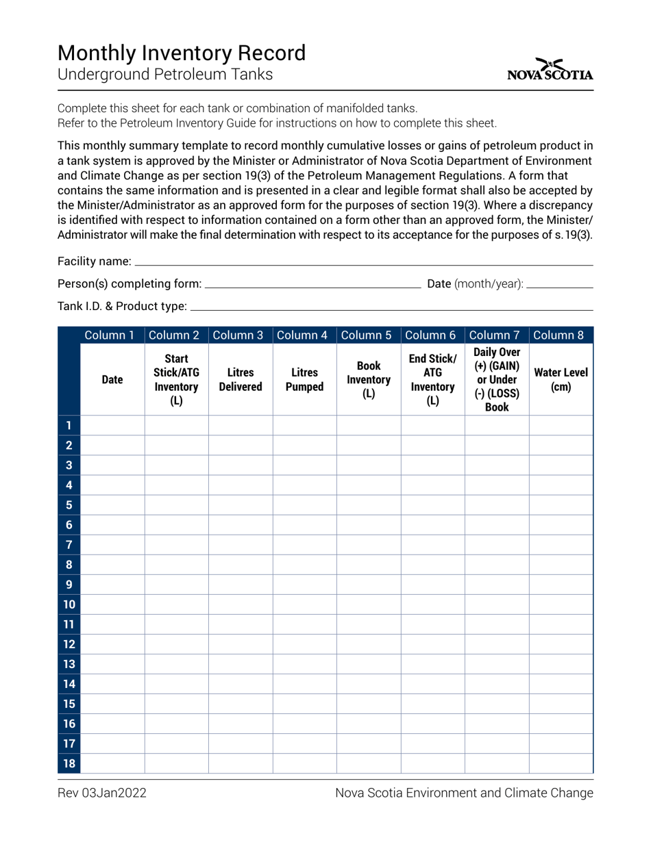 Monthly Inventory Record - Underground Petroleum Tanks - Nova Scotia, Canada, Page 1