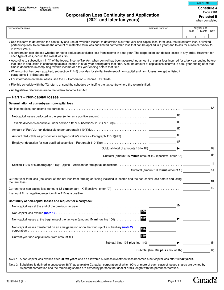 Form T2 Schedule 4 Corporation Loss Continuity and Application (2021 and Later Tax Years) - Canada, Page 1