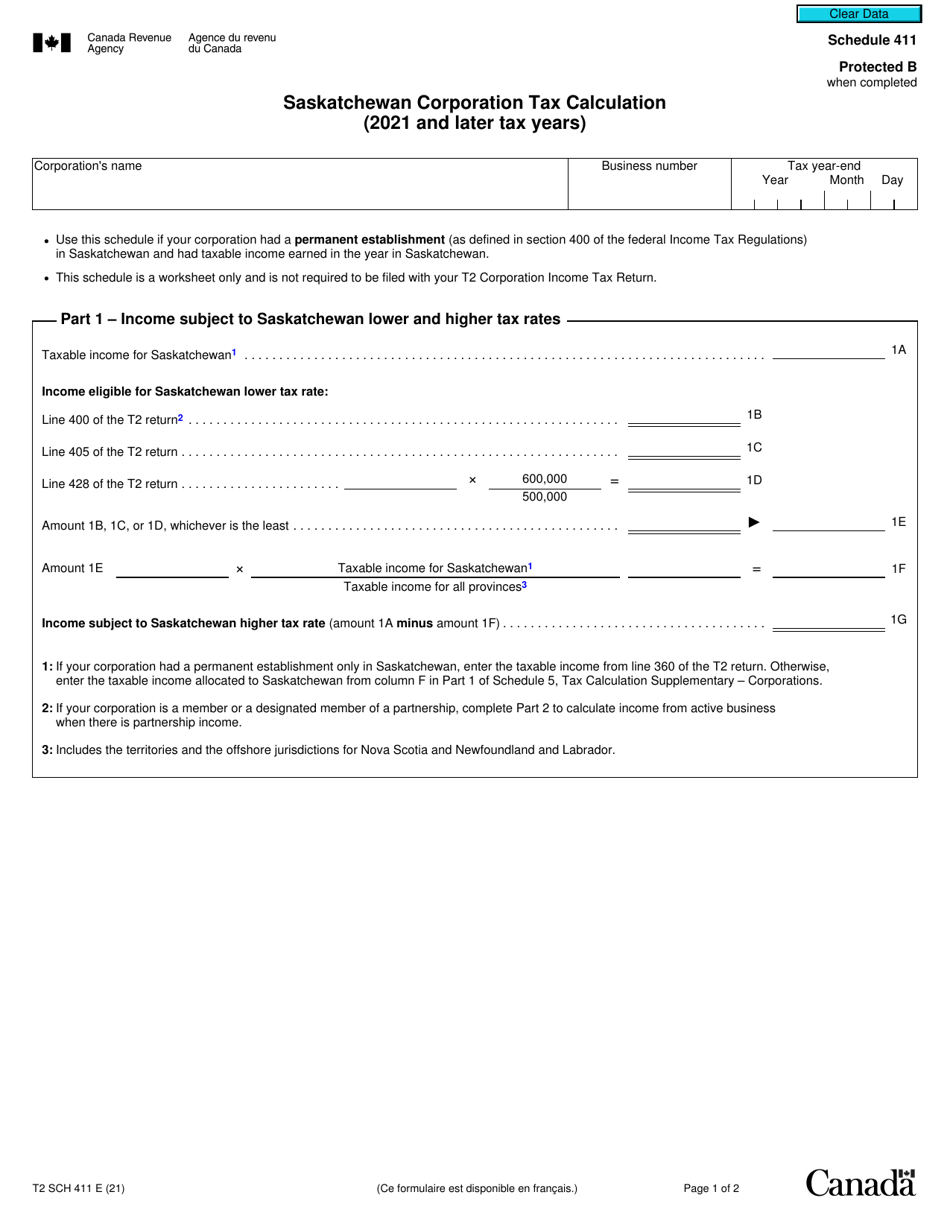 Form T2 Schedule 411 Saskatchewan Corporation Tax Calculation (2021 and Later Tax Years) - Canada, Page 1