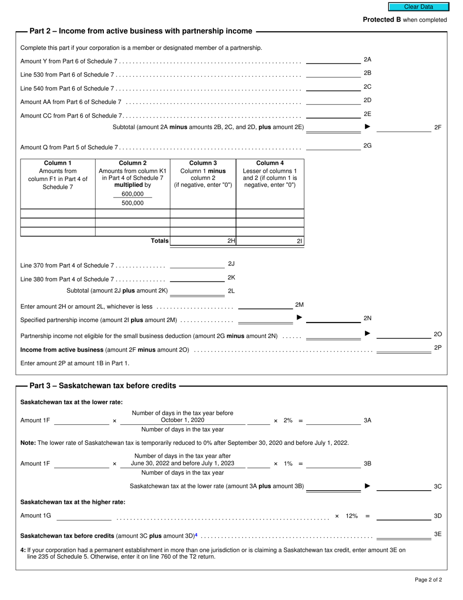 Form T2 Schedule 411 Saskatchewan Corporation Tax Calculation (2021 and Later Tax Years) - Canada, Page 2