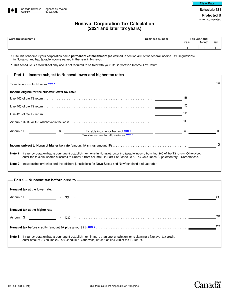Form T2 Schedule 481 Nunavut Corporation Tax Calculation (2021 and Later Tax Years) - Canada, Page 1