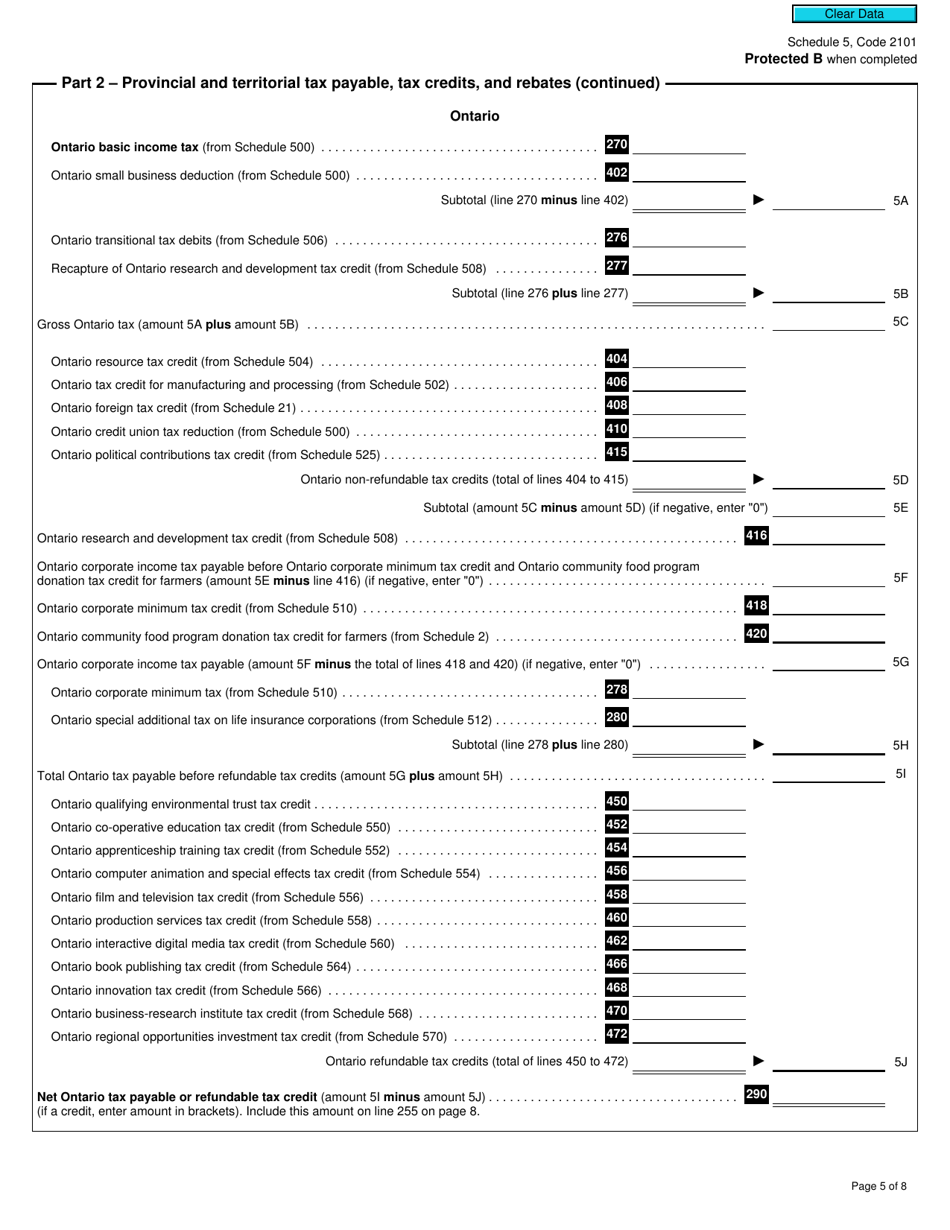 Form T2 Schedule 5 Tax Calculation Supplementary - Corporations (2021 and Later Tax Years) - Canada, Page 5