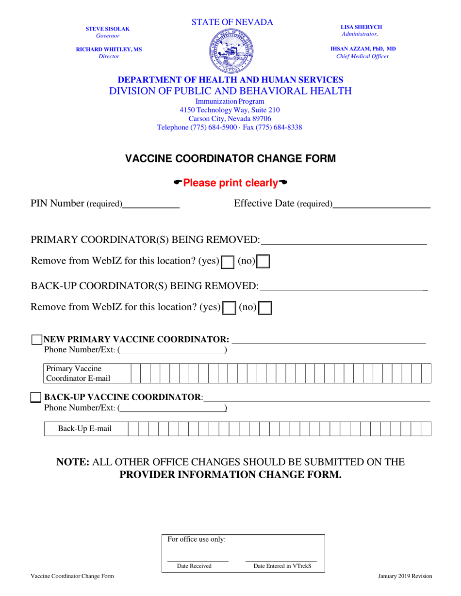 Vaccine Coordinator Change Form - Nevada, Page 1