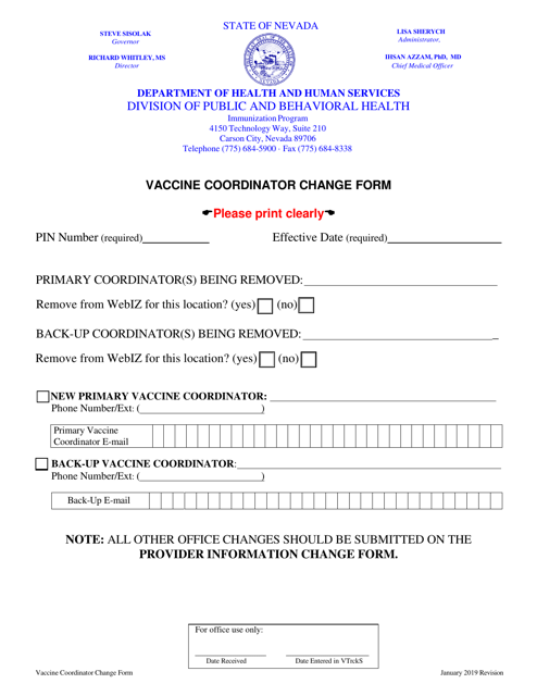 Vaccine Coordinator Change Form - Nevada Download Pdf