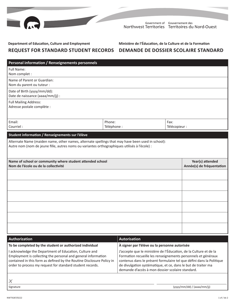Form NWT9287 Request for Standard Student Records - Northwest Territories, Canada (English / French), Page 1